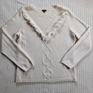Talbots Fringe V Knit Sweater Wool Blend Cream Women's Size Large EUC